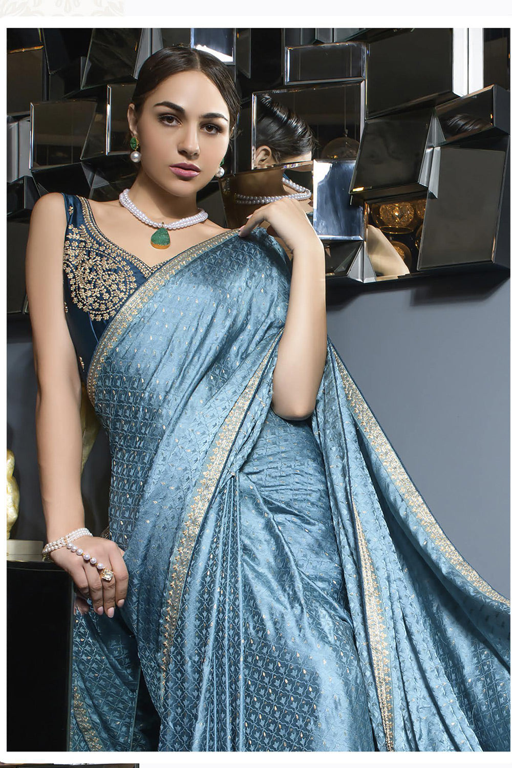 Buy MySilkLove Hoki Blue Satin Saree Online