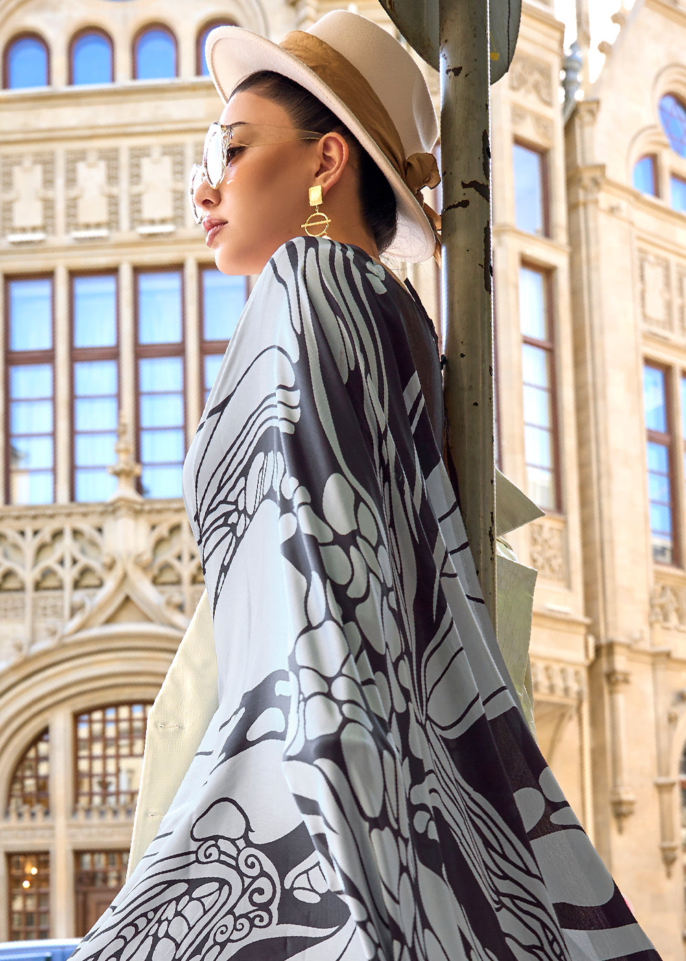 Buy MySilkLove Manatee Grey Printed Satin Crepe Sarees Online