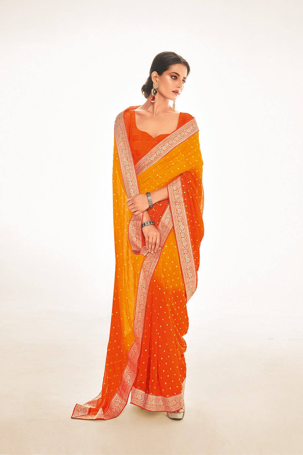 Buy MySilkLove Glow Orange and Yellow Printed Georgette Saree Online