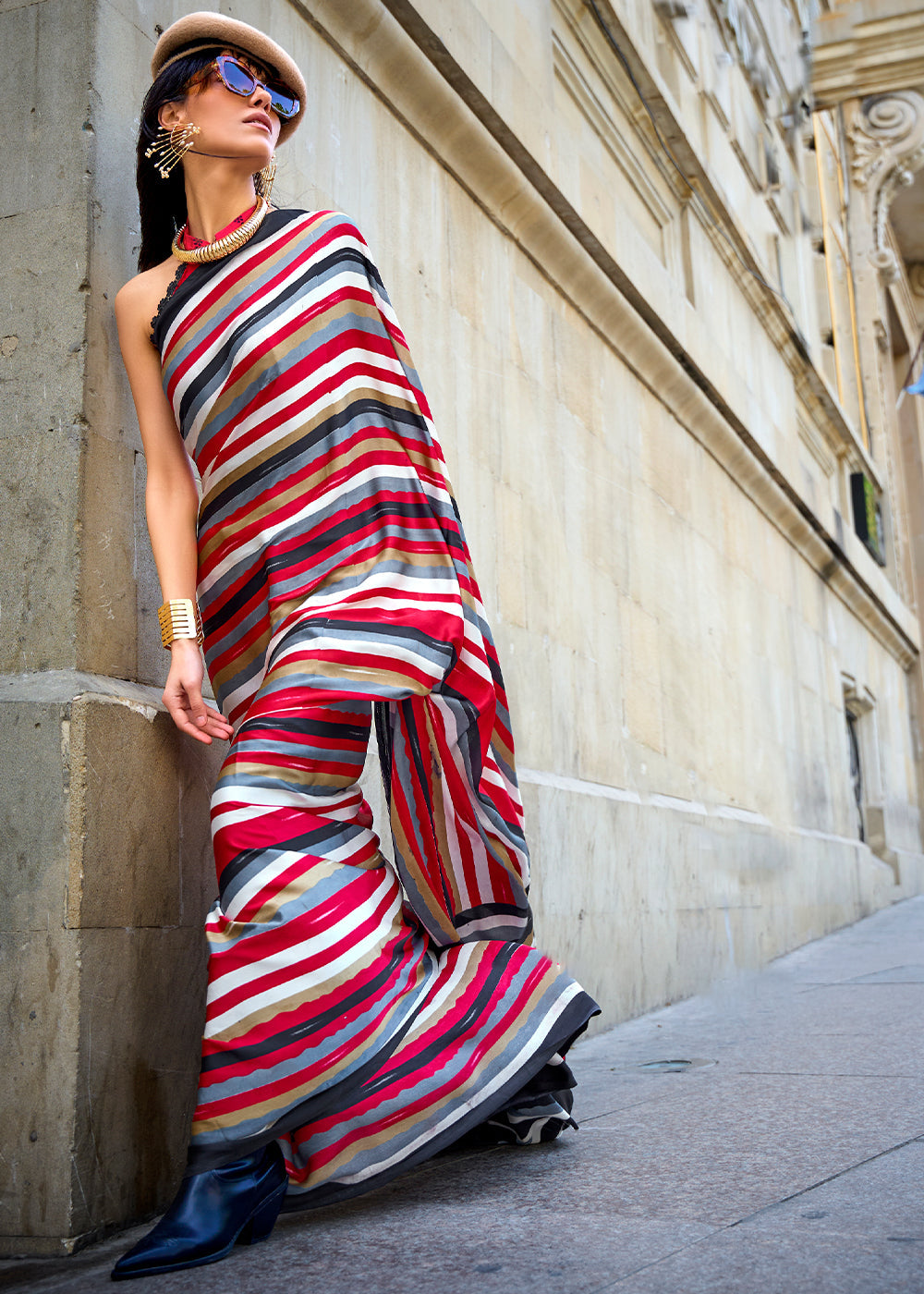 MySilkLove Cardinal Red and Black Printed Satin Crepe Sarees