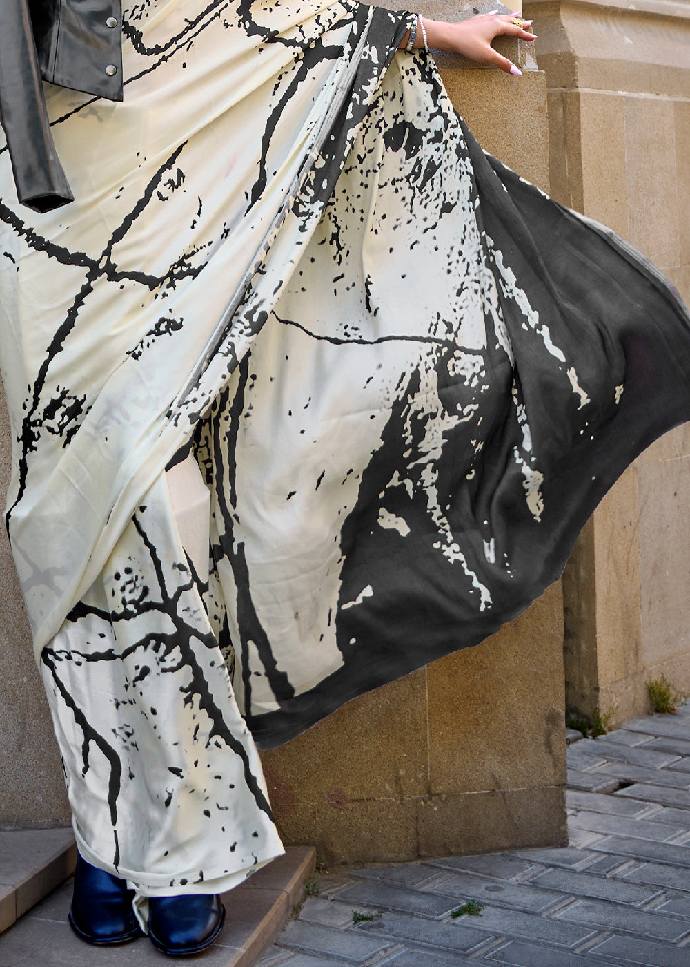 Buy MySilkLove Iron White and Black Printed Satin Crepe Saree Online