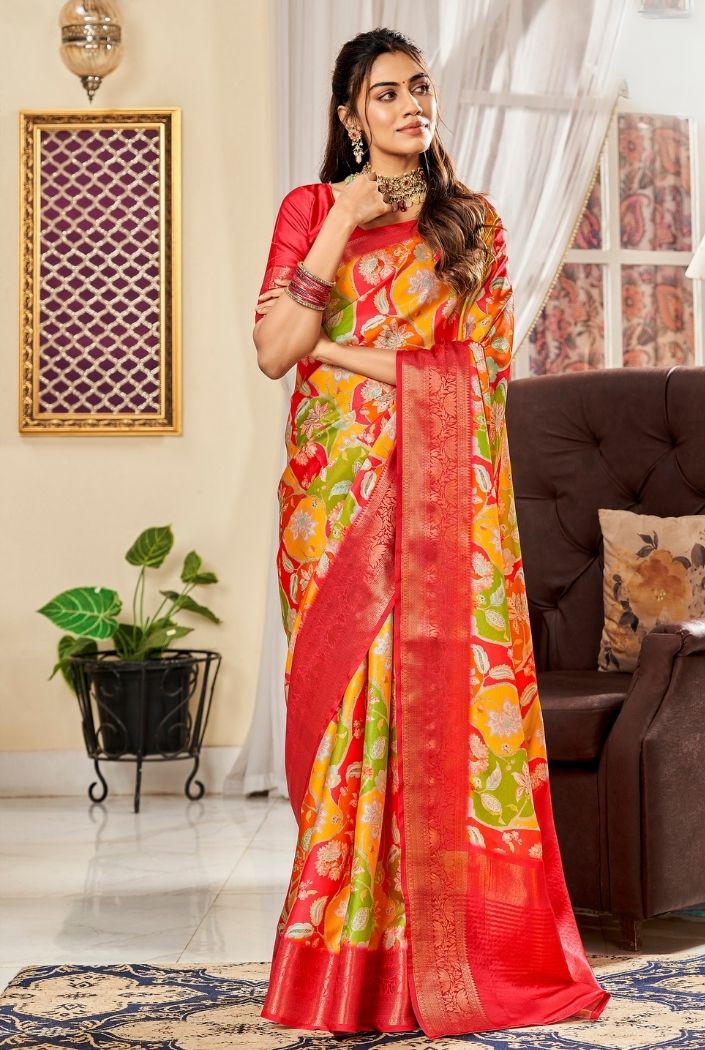 Buy MySilkLove Tulip Tree Yellow and Red Printed Satin Silk Saree Online