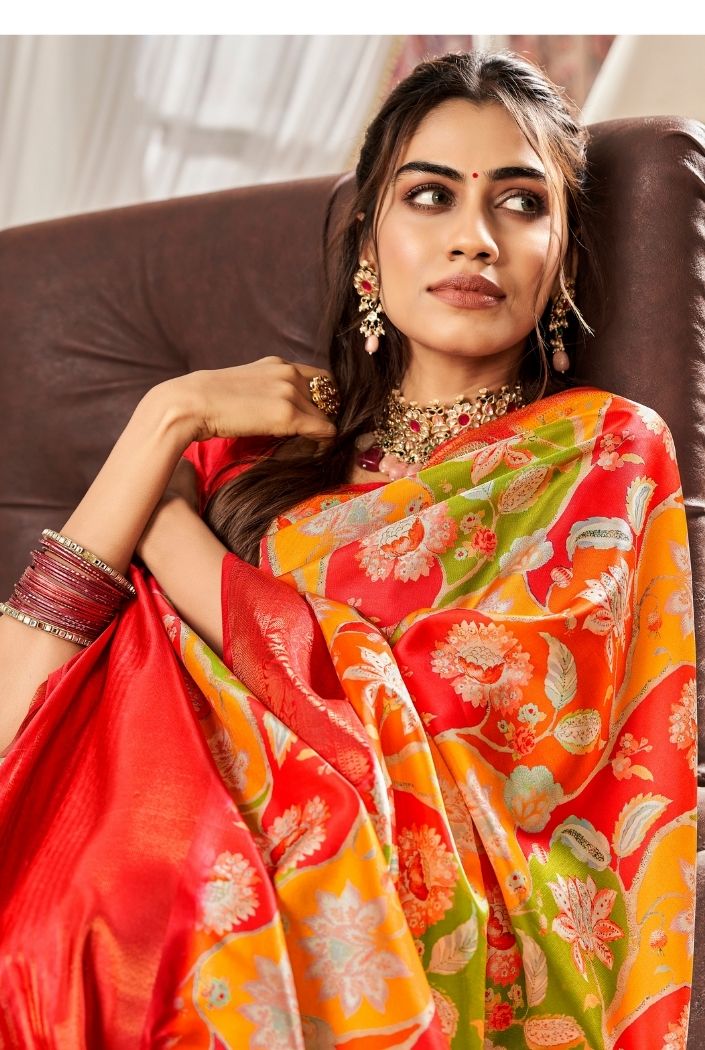 Buy MySilkLove Tulip Tree Yellow and Red Printed Satin Silk Saree Online
