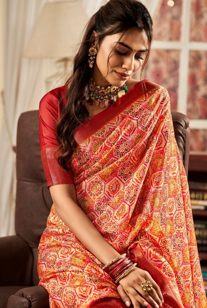 Buy MySilkLove Fire Orange and Maroon Printed Satin Silk Saree Online