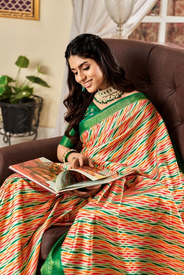 Buy MySilkLove Flame Pea Orange and Green Printed Satin Silk Saree Online