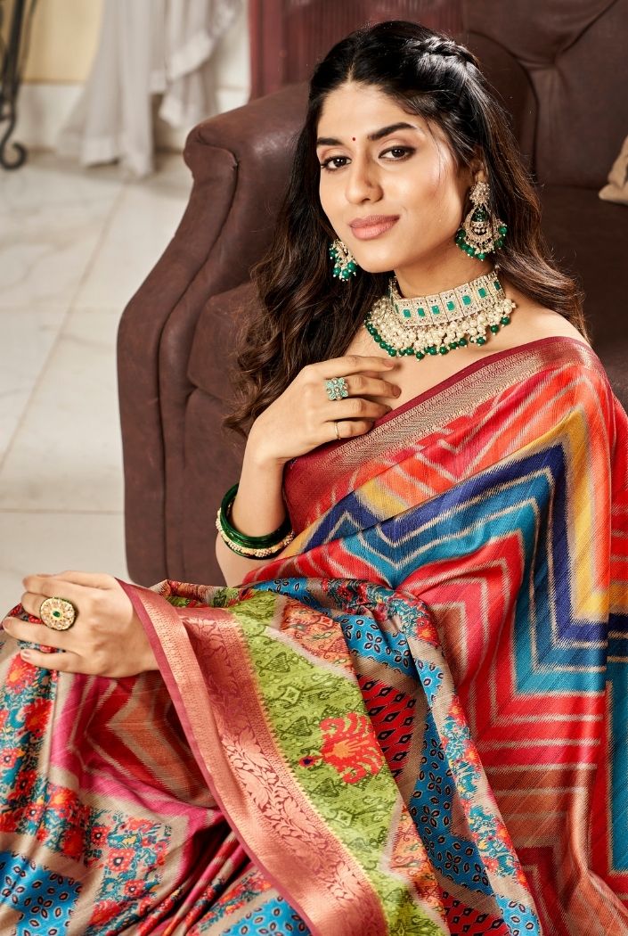 Buy MySilkLove Multicolor Red Printed Satin Silk Saree Online