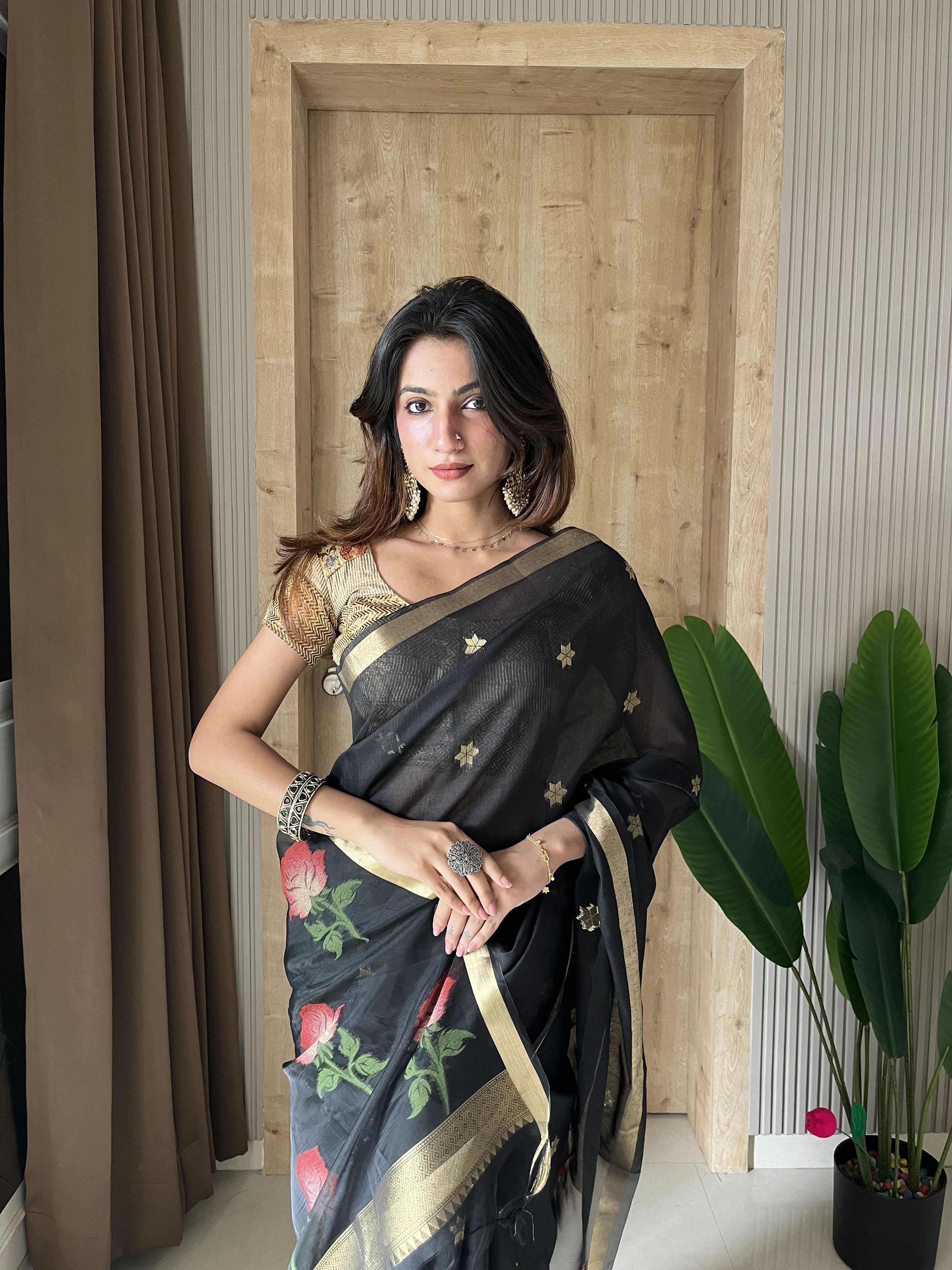 Buy MySilkLove Ace Black Handloom Muga Cotton Saree Online