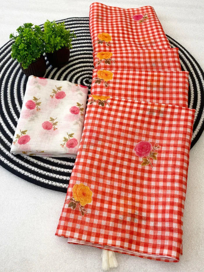 Buy MySilkLove Pumkin Orange Soft Linen Cotton Pinted Saree Online