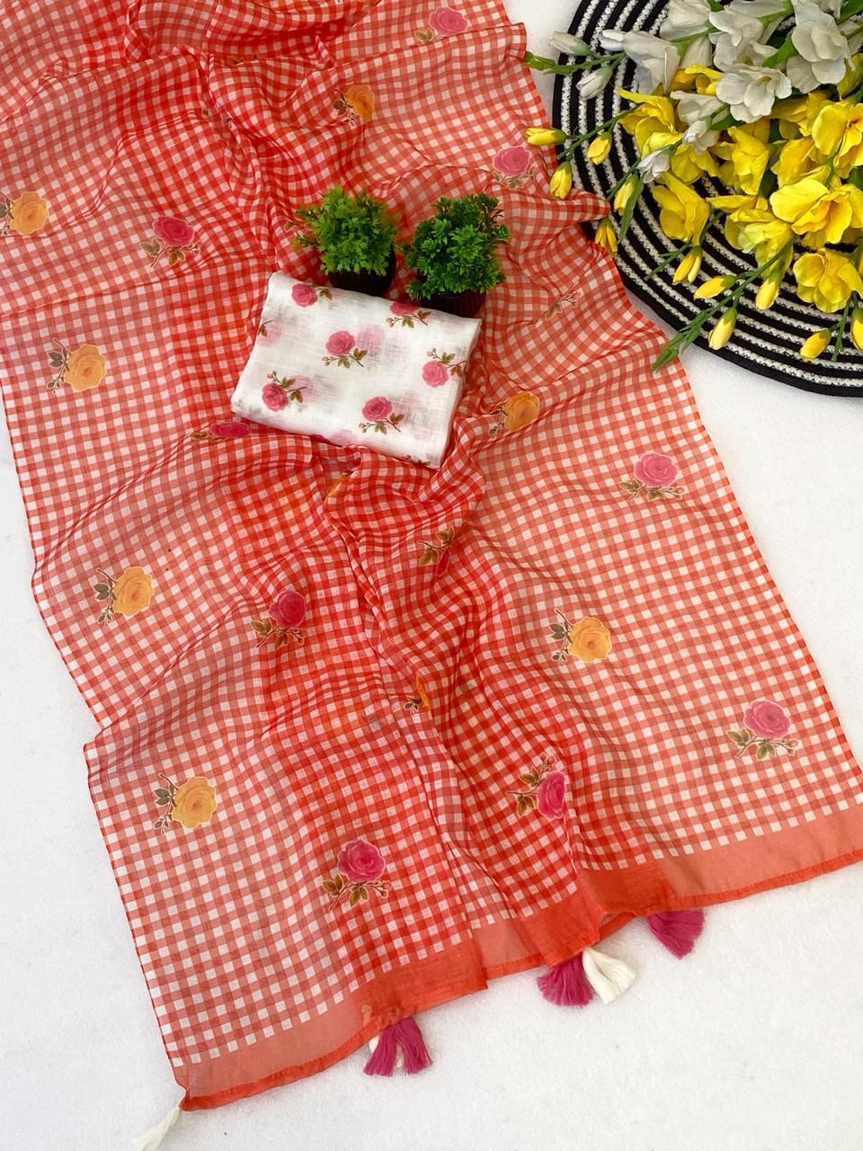 MySilkLove Pumkin Orange Soft Linen Cotton Pinted Saree