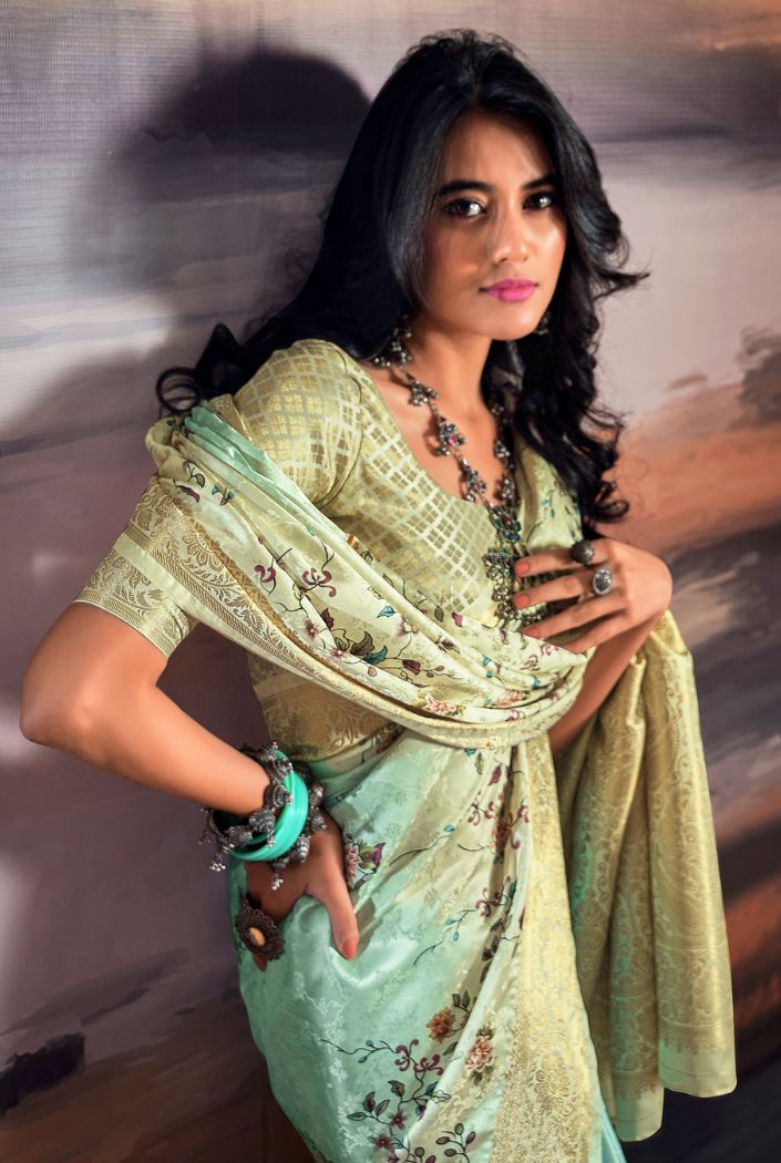 Buy MySilkLove Neptune Blue Floral Digital Printed Saree Online