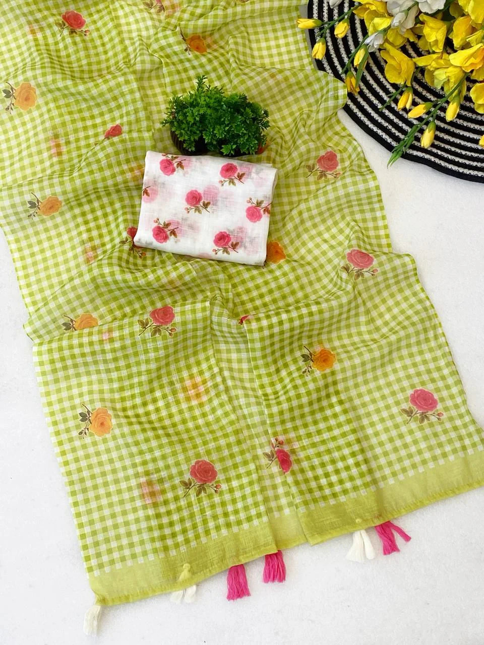 MySilkLove Pista Green Soft Linen Cotton Pinted Saree