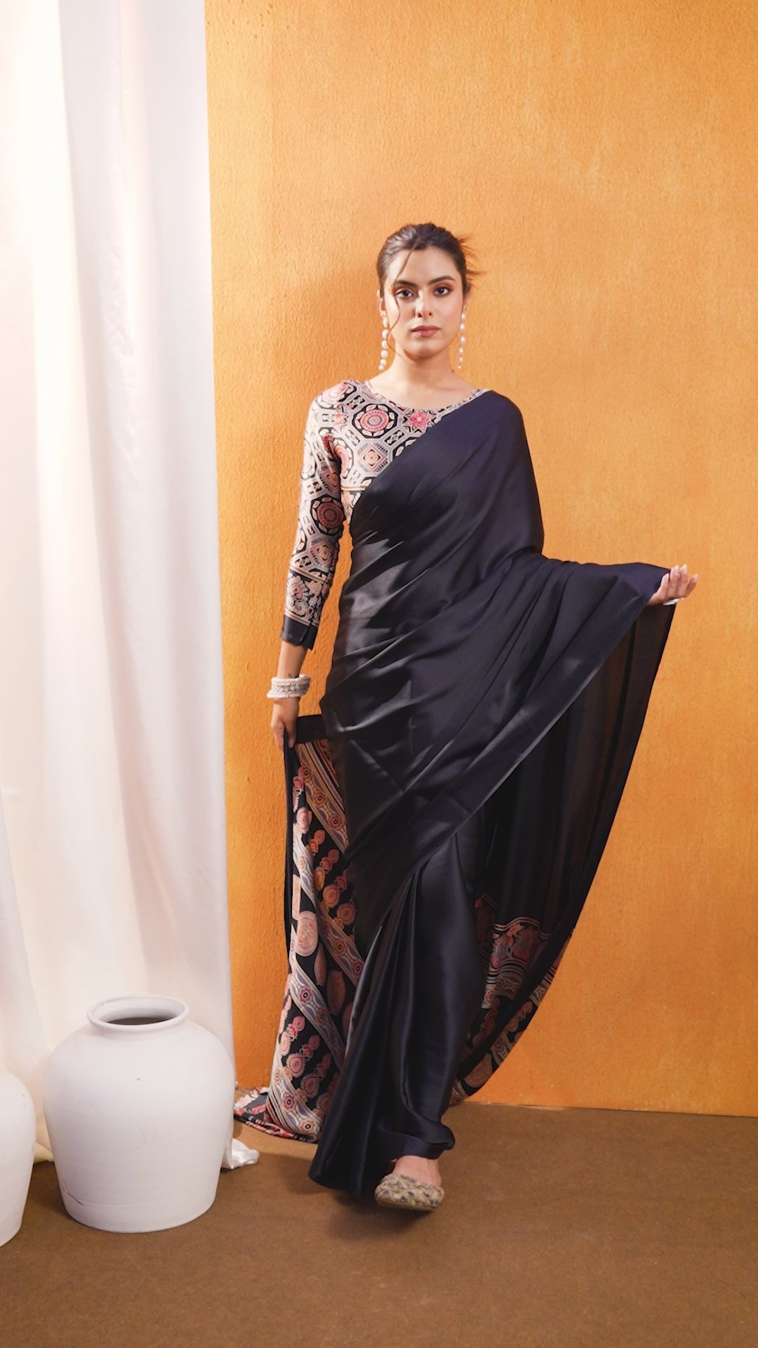 Buy MySilkLove Eleboro Black Ajrakh Printed Satin Crepe Silk Saree Online