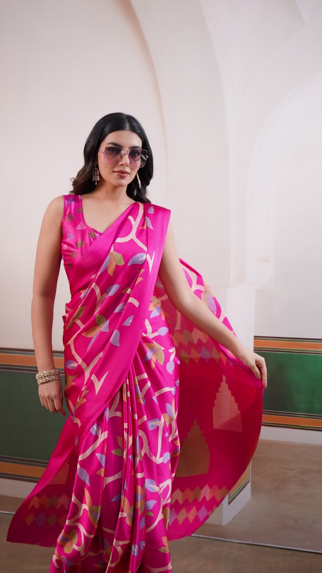 Buy MySilkLove Hibiscus Pink Modal Ajrakh Printed Satin Silk Saree Online