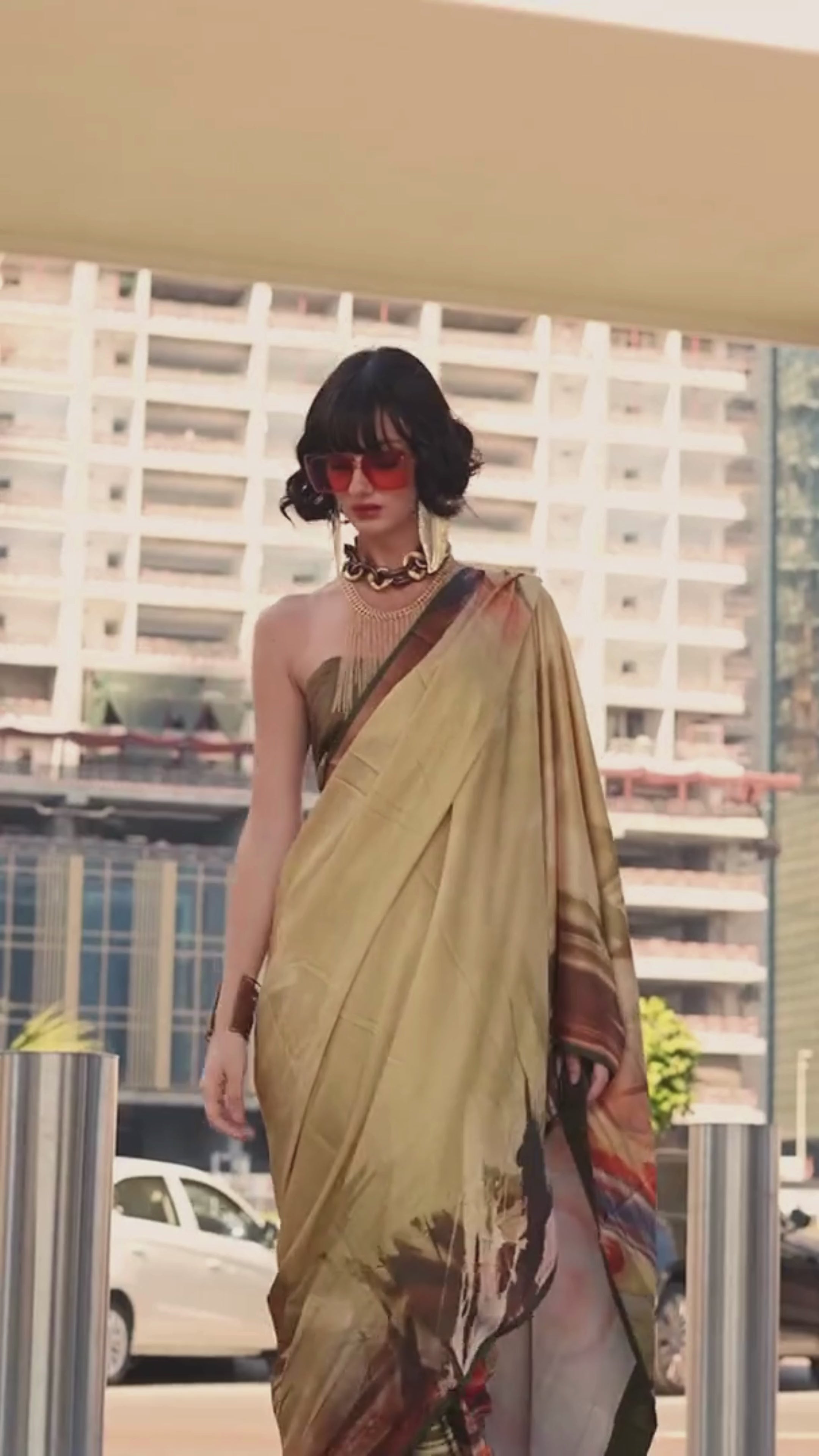 Buy MySilkLove Straw Yellow Digital Printed Satin Silk Saree Online