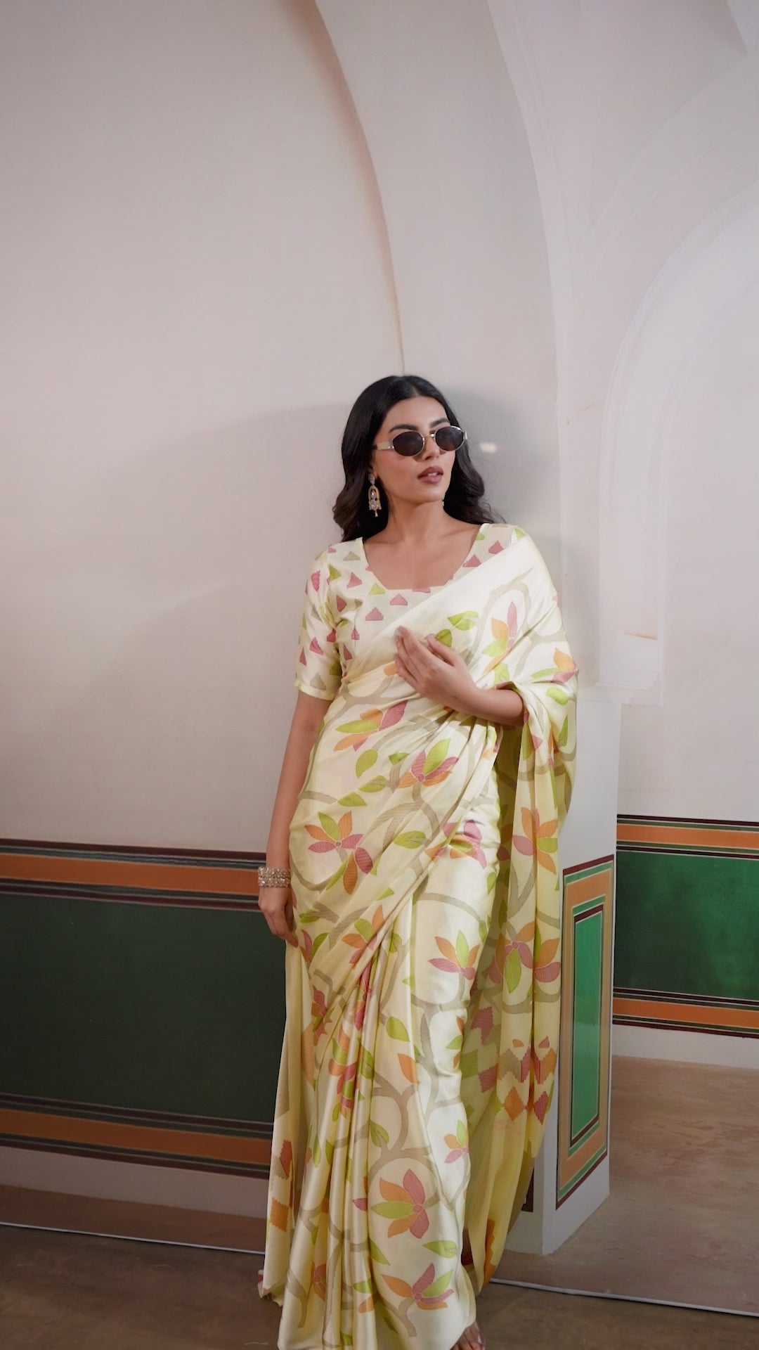 Buy MySilkLove Beige Modal Ajrakh Printed Satin Silk Saree Online