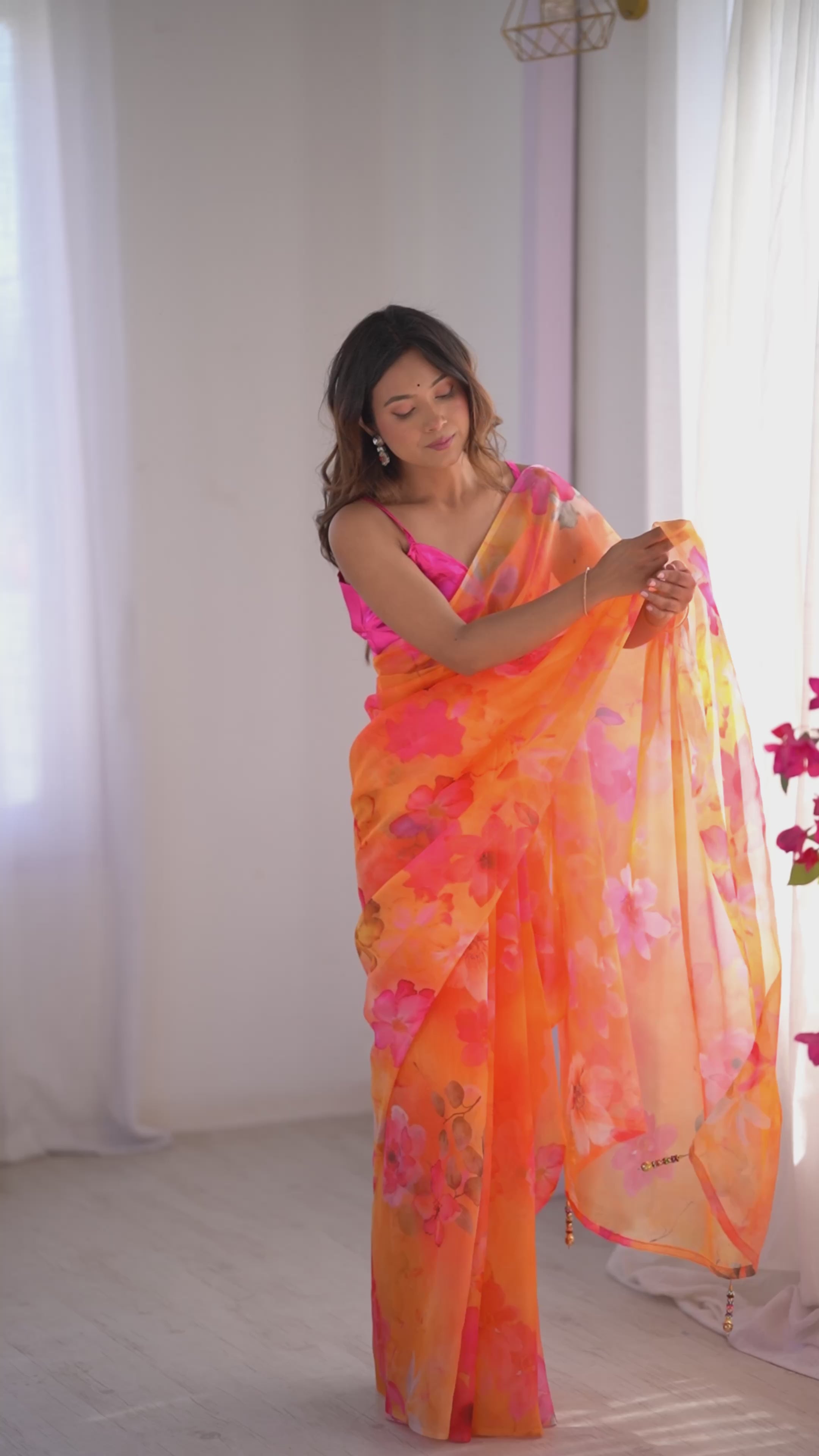 Buy MySilkLove Neon Orange Organza Printed Saree Online