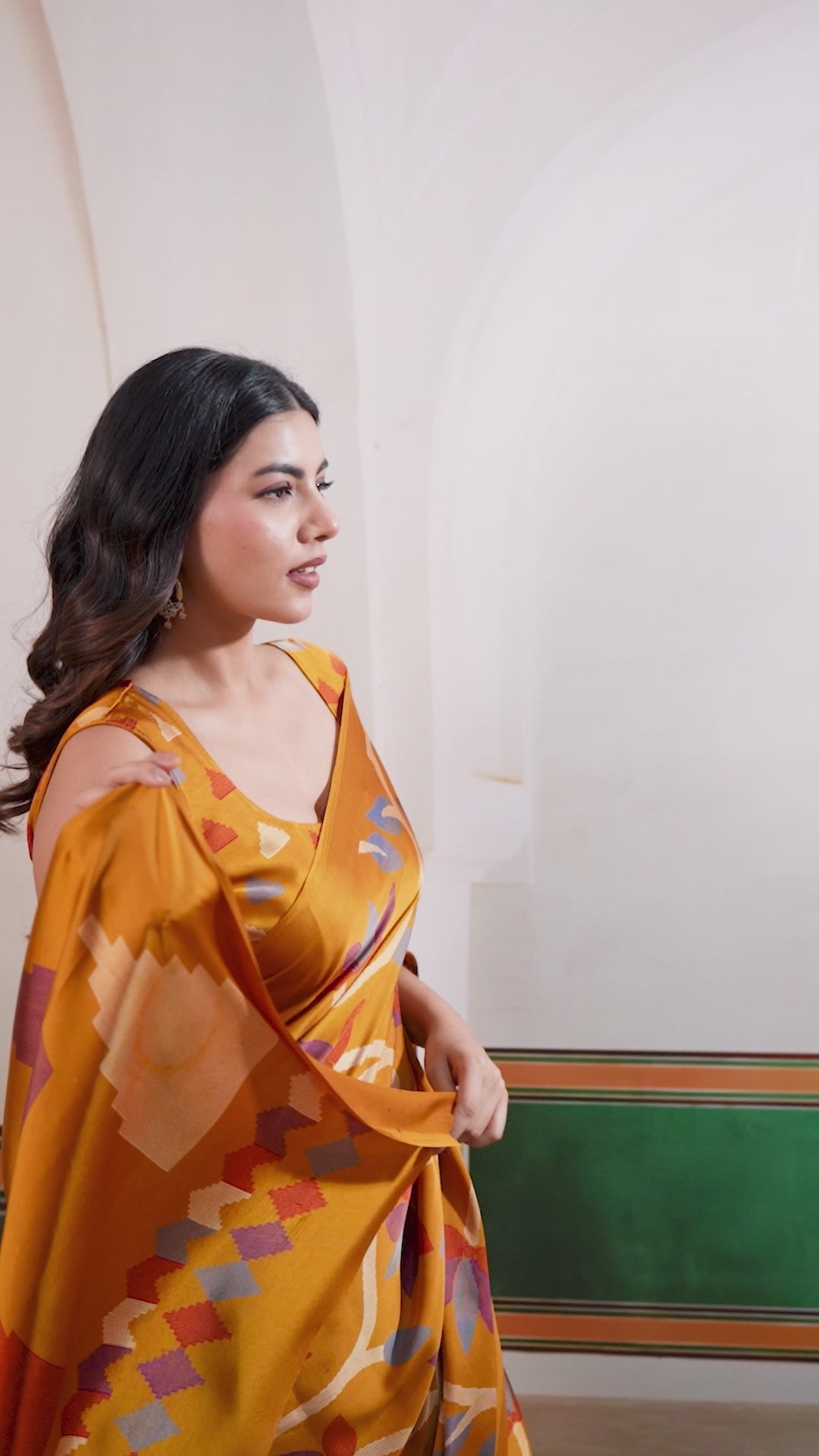 Buy MySilkLove Tulip Yellow Modal Ajrakh Printed Satin Silk Saree Online