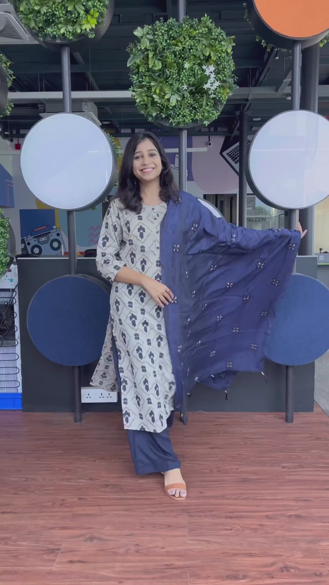 Buy MySilkLove Merino Cream and Blue Printed Dupatta Set Online