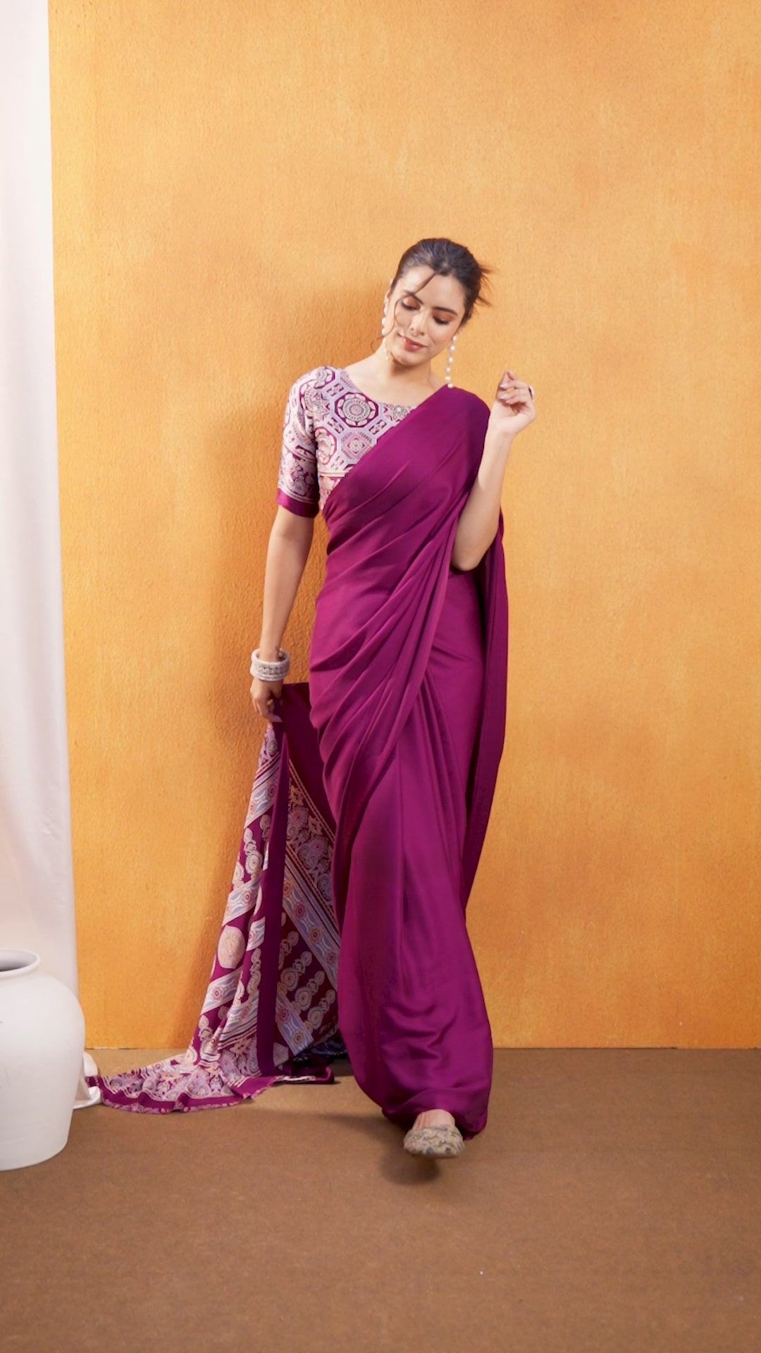 Buy MySilkLove Brick Maroon Ajrakh Printed Satin Crepe Silk Saree Online