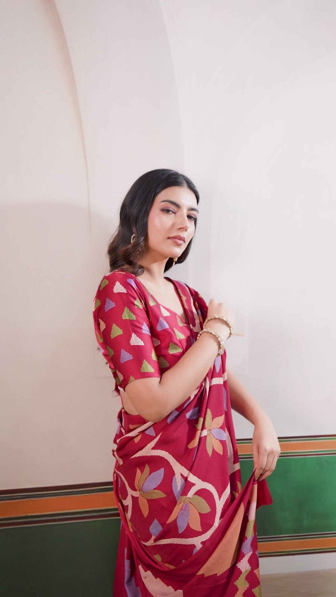 Buy MySilkLove Claret Maroon Modal Ajrakh Printed Satin Silk Saree Online