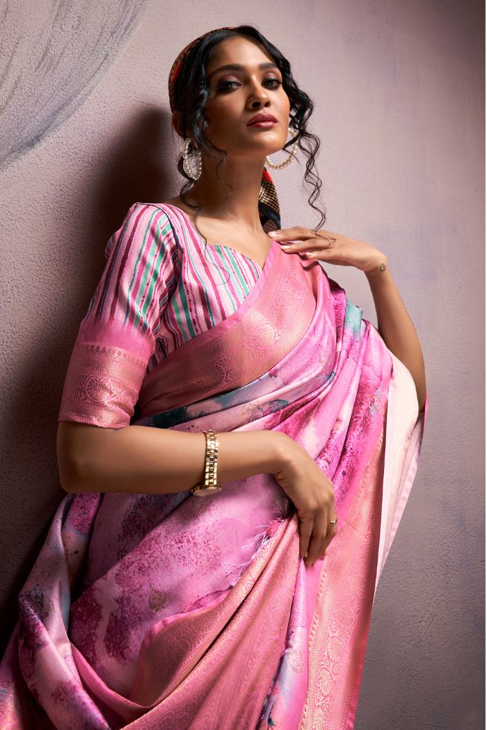 Buy MySilkLove Lotus Pink Banarasi Digital Printed Silk Saree Online