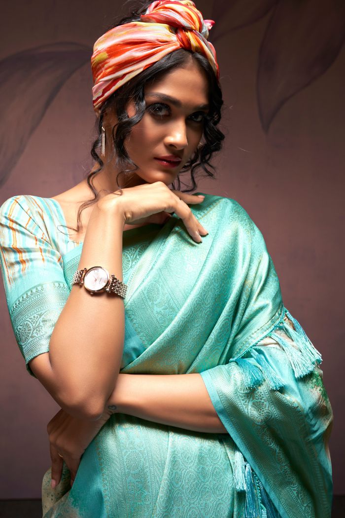 Buy MySilkLove Water Blue Banarasi Digital Printed Silk Saree Online