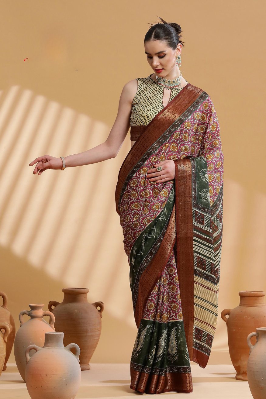 Buy MySilkLove Coffe Brown Ajrakh Printed Dola Silk Saree Online