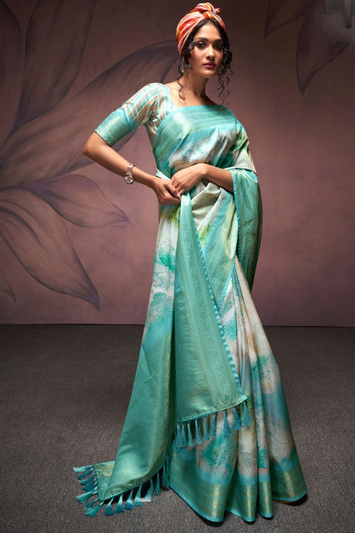 Buy MySilkLove Water Blue Banarasi Digital Printed Silk Saree Online