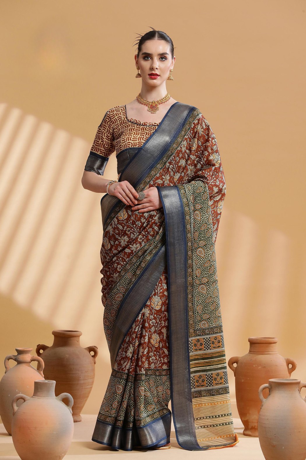 Buy MySilkLove Mocha Brown and Grey Ajrakh Printed Dola Silk Saree Online