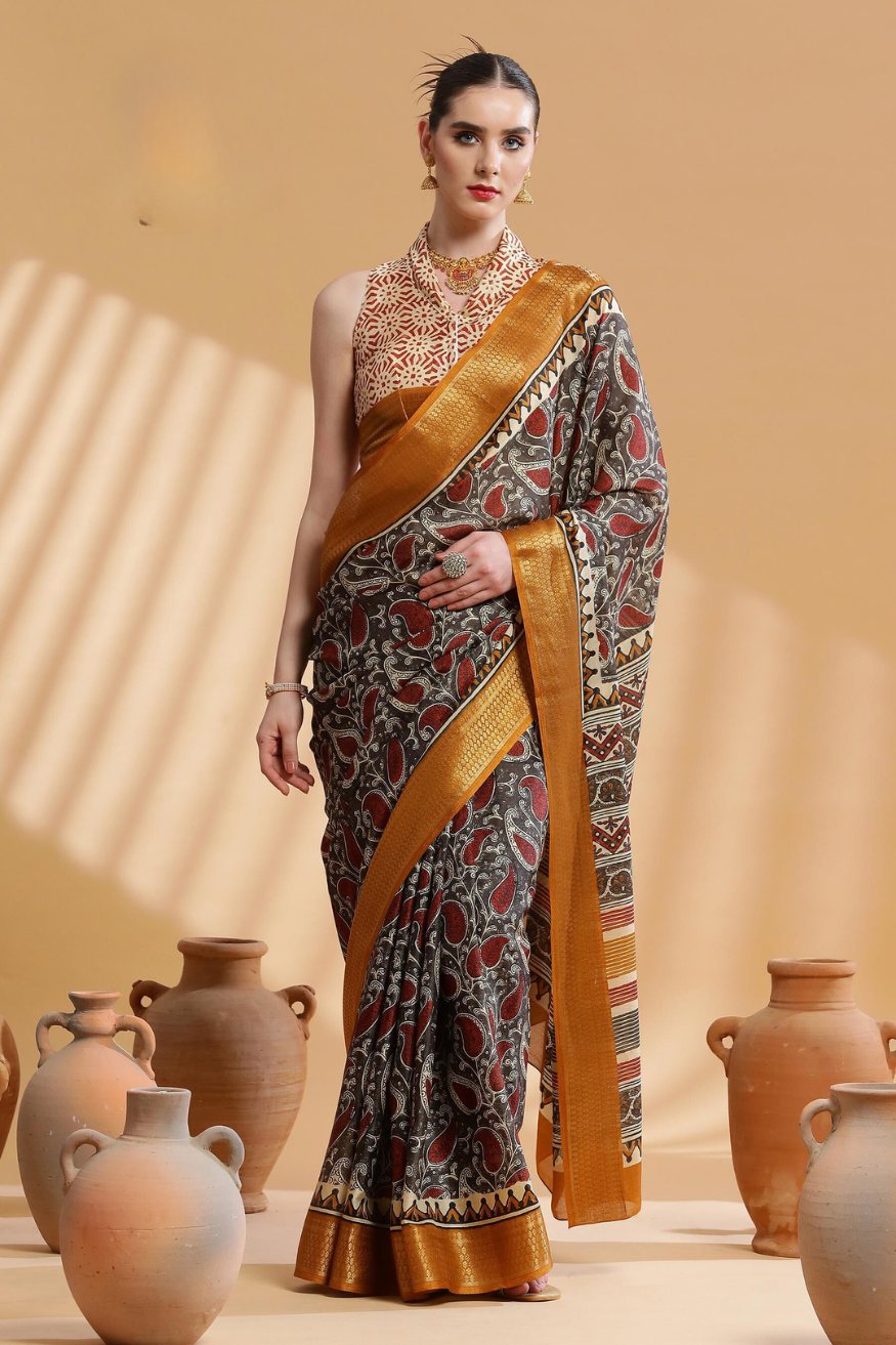 Buy MySilkLove Au Chico Brown and Yellow Ajrakh Printed Dola Silk Saree Online