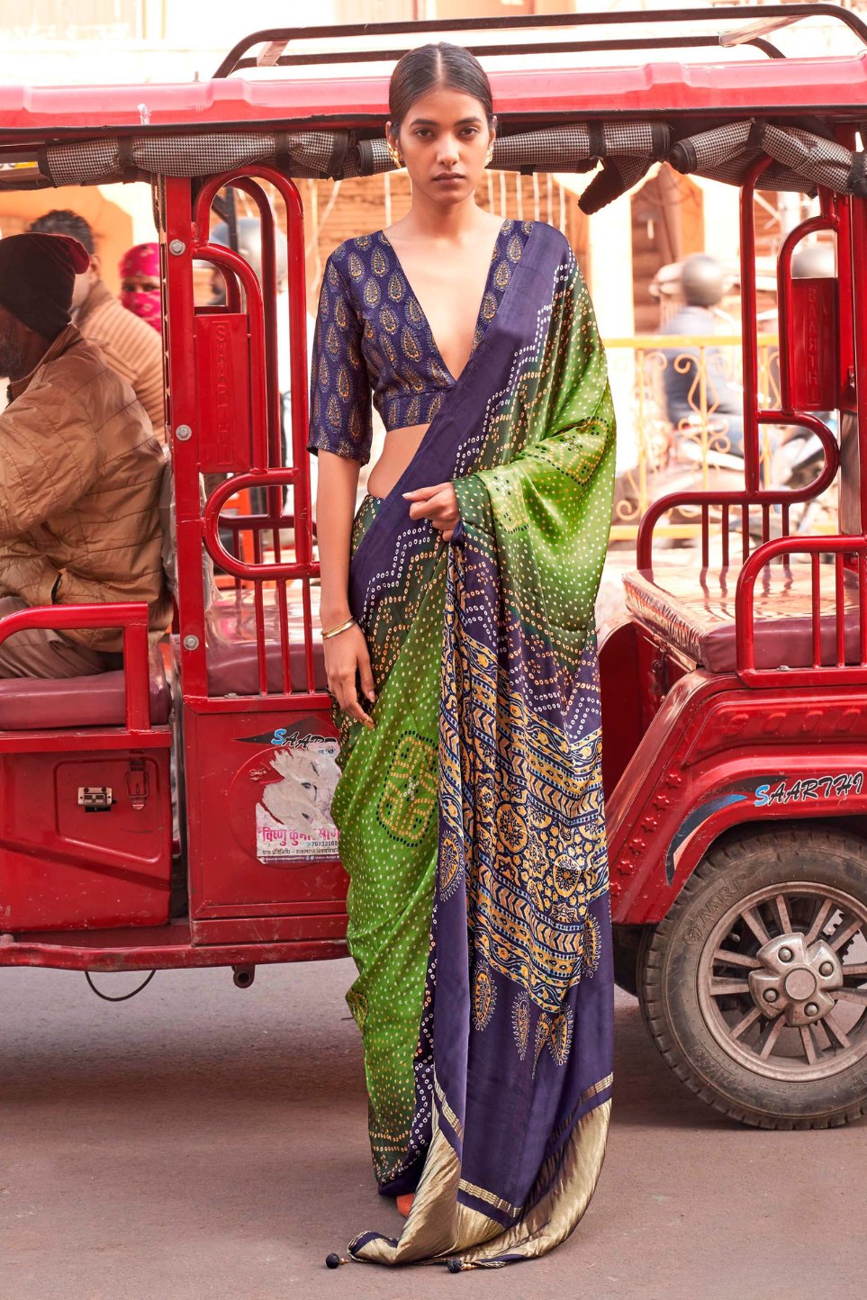 Buy MySilkLove Wild Willow Green Bandhani Ajrakh Pure Handmade Saree Online