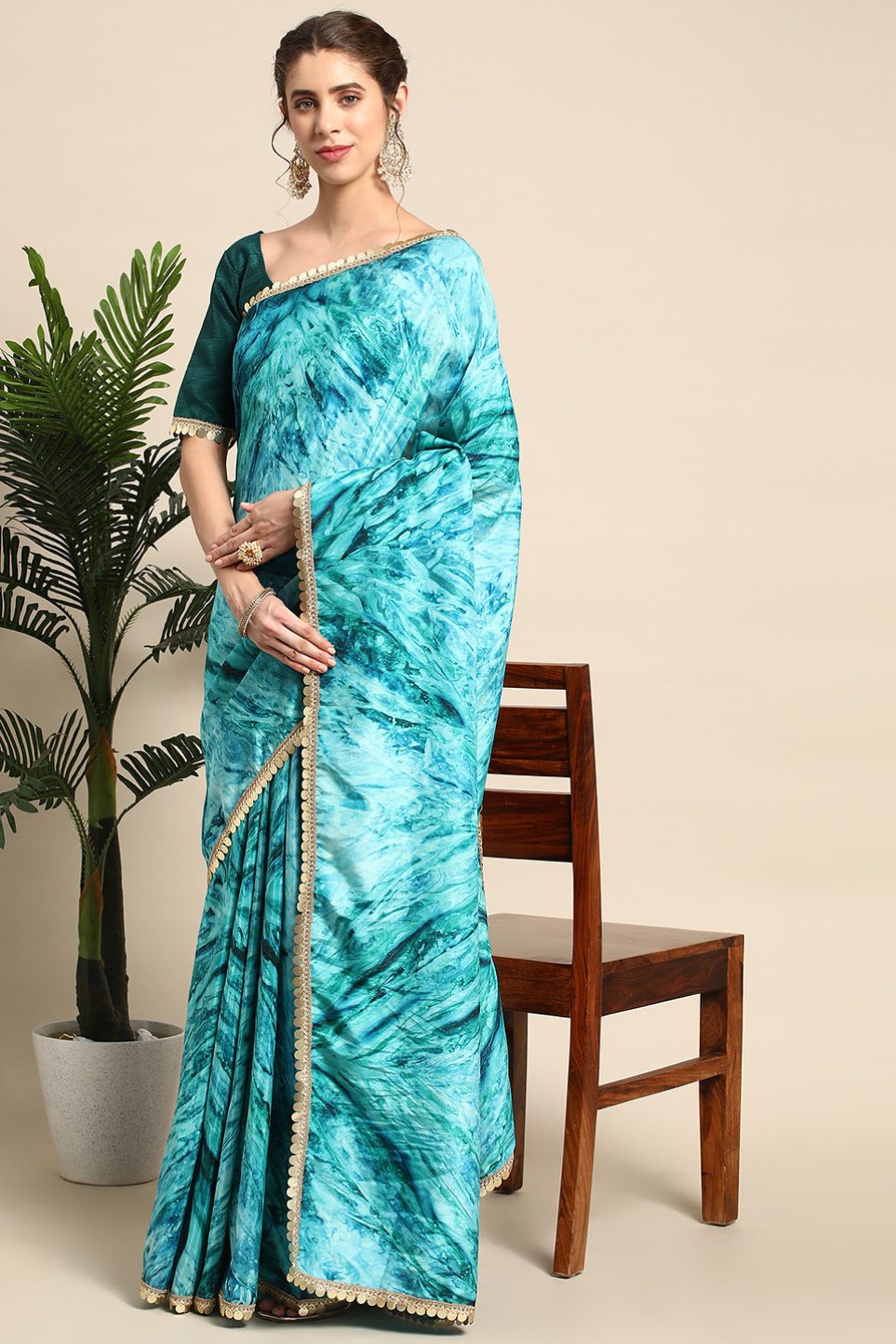 Buy MySilkLove Sea Serpent Blue Satin Partywear Saree Online