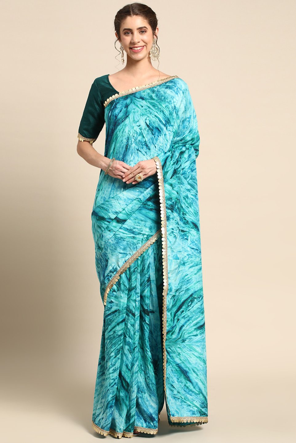 MySilkLove Sea Serpent Blue Satin Partywear Saree