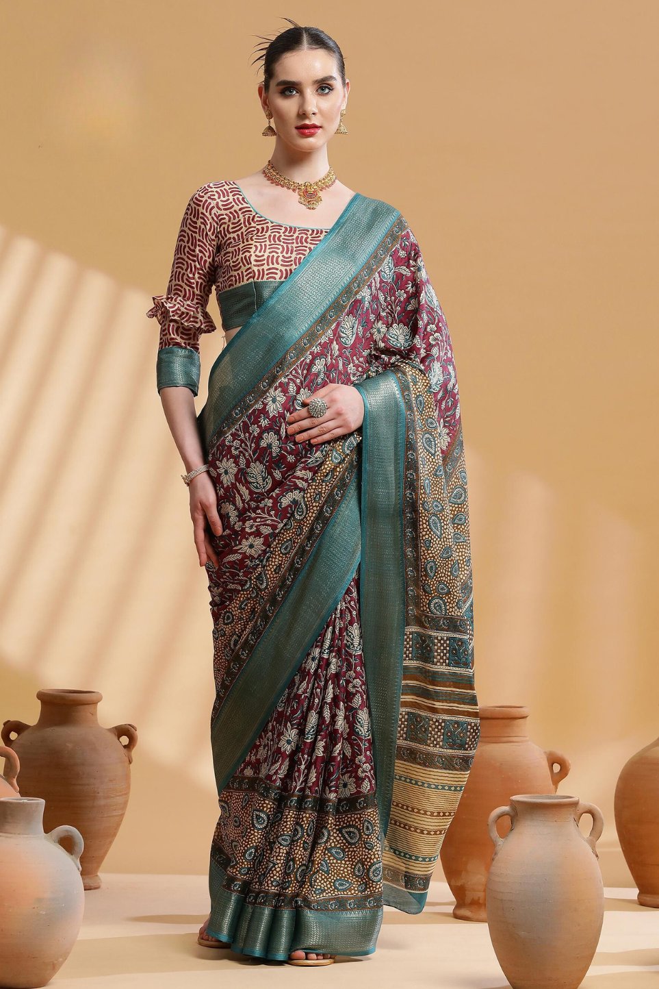 Buy MySilkLove Rose Dust Brown and Blue Ajrakh Printed Dola Silk Saree Online