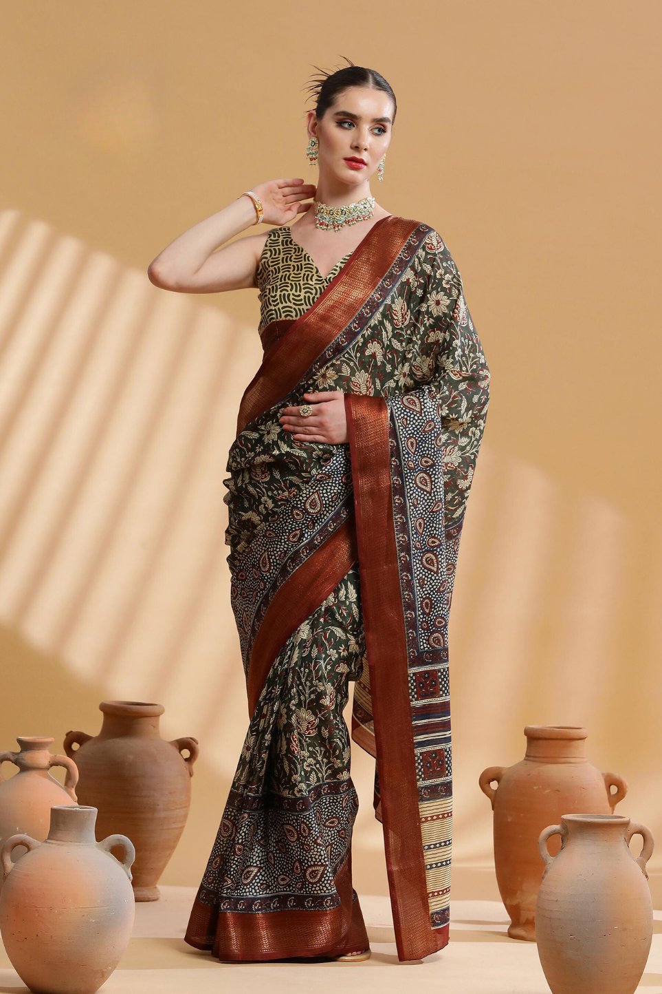 Buy MySilkLove Kokoda Brown and Red Ajrakh Printed Dola Silk Saree Online