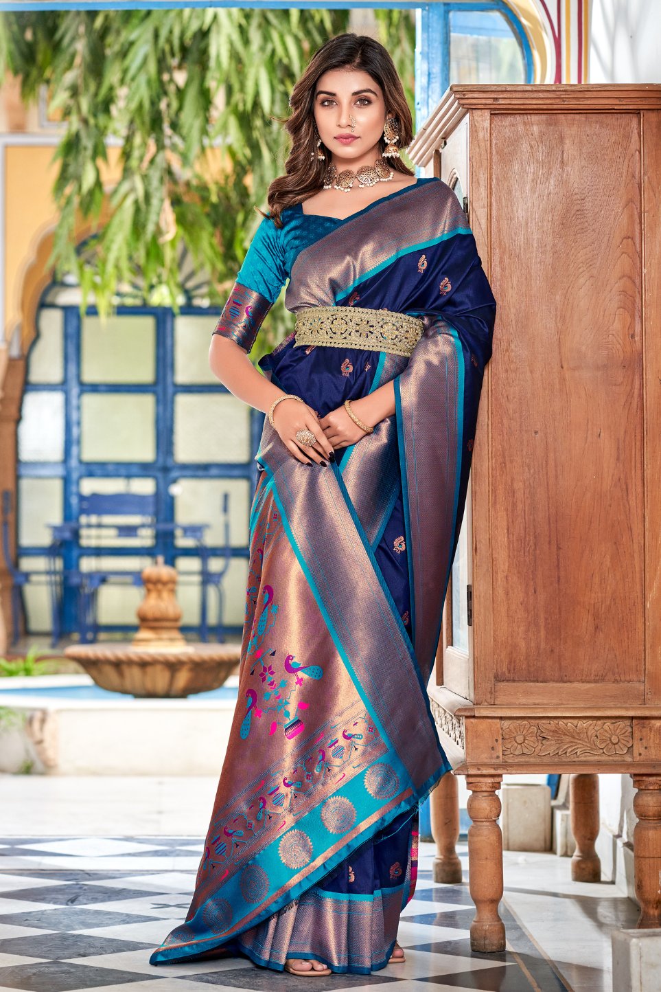 Buy MySilkLove Bunting Blue Woven Paithani Saree Online