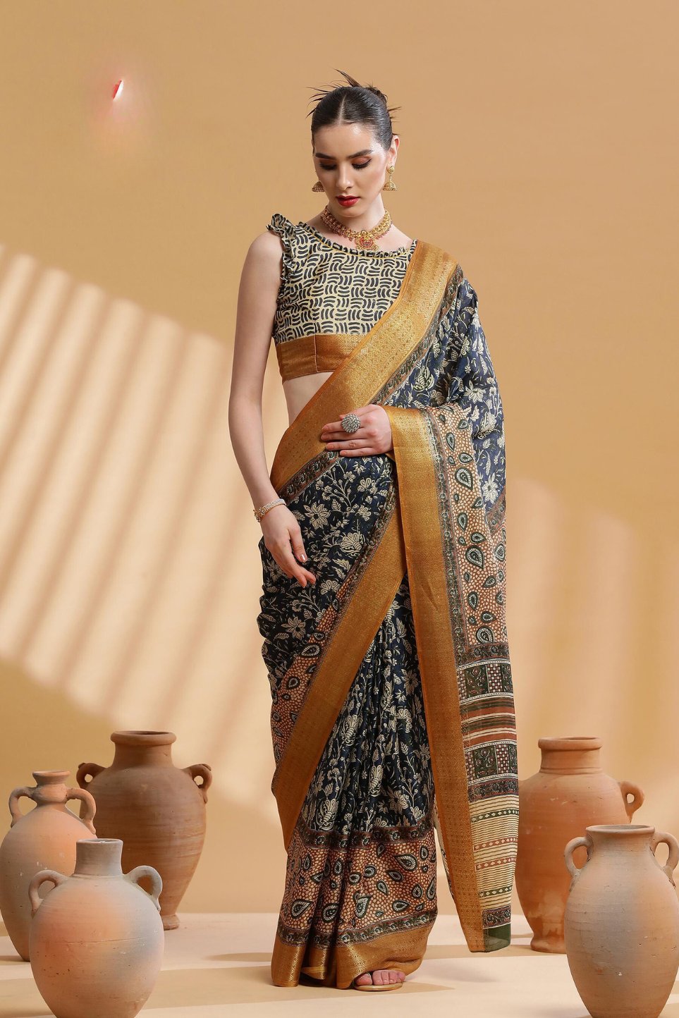 Buy MySilkLove Emperor Grey and Yellow Ajrakh Printed Dola Silk Saree Online