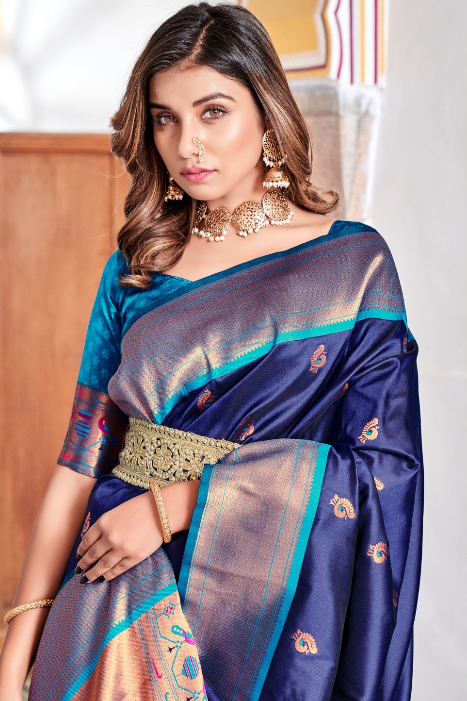 Buy MySilkLove Bunting Blue Woven Paithani Saree Online