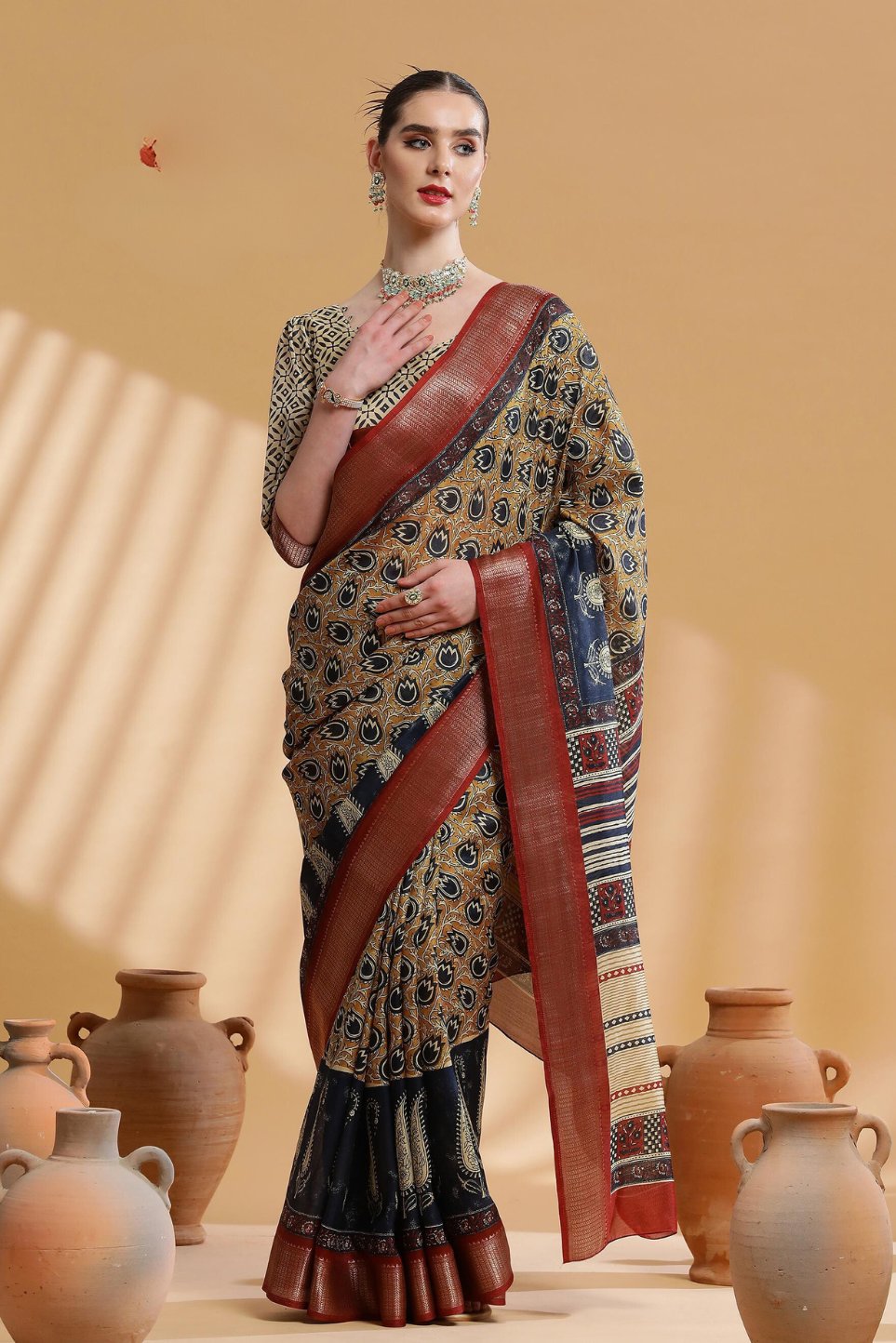 Buy MySilkLove Dirt Yellow Ajrakh Printed Dola Silk Saree Online