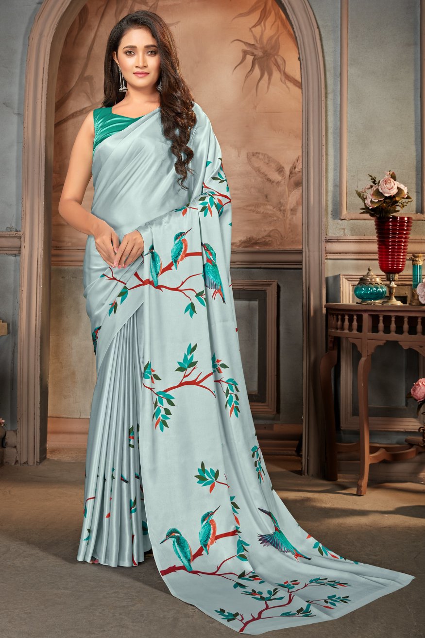 Buy MySilkLove Granny Smith Grey and Blue Printed Satin Crepe Saree Online