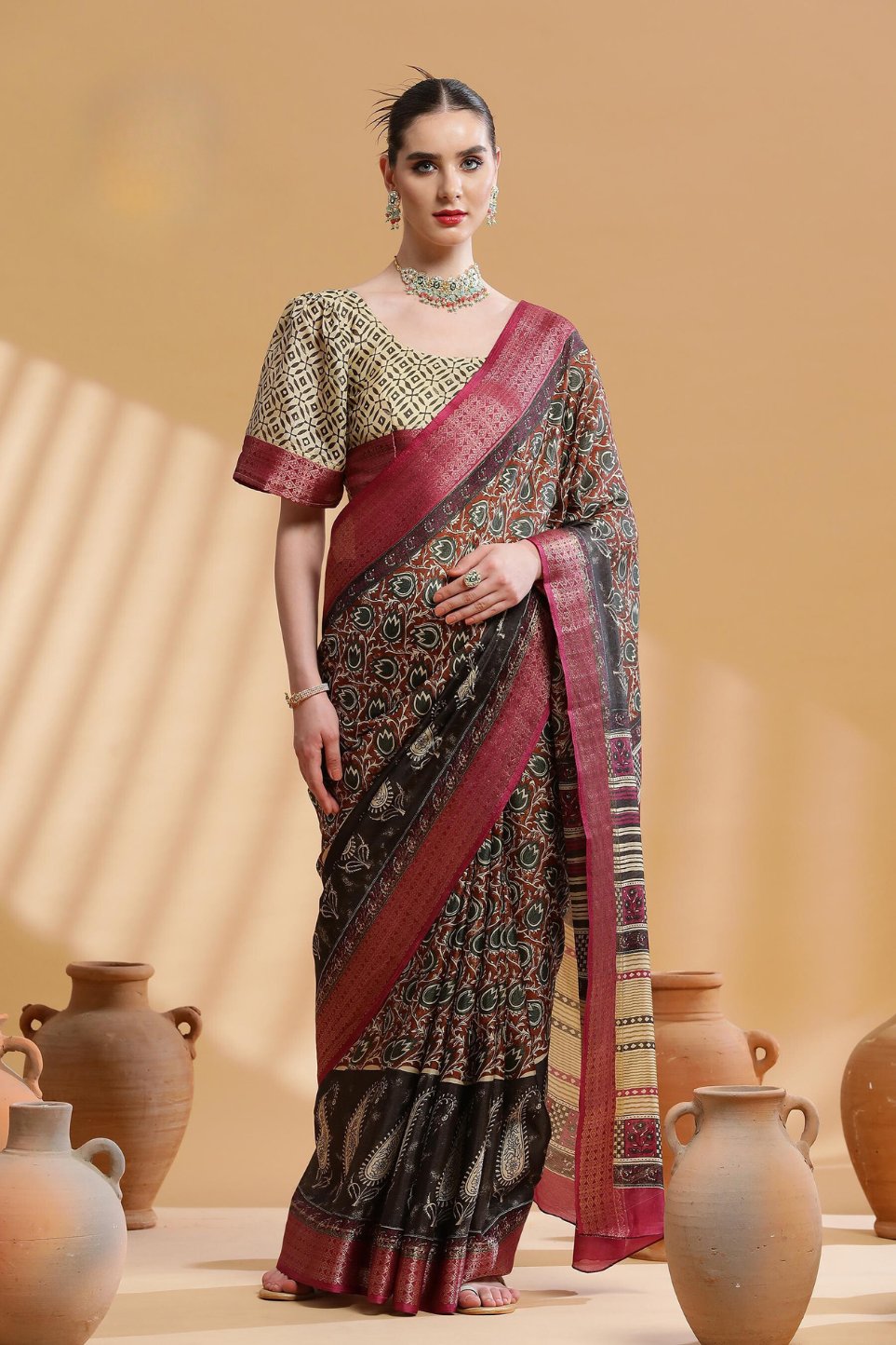 Buy MySilkLove Sepia Brown and Red Ajrakh Printed Dola Silk Saree Online