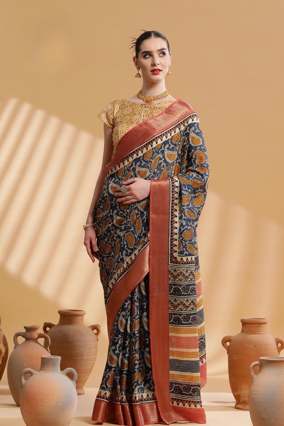 Buy MySilkLove Storm Dust Grey Ajrakh Printed Dola Silk Saree Online