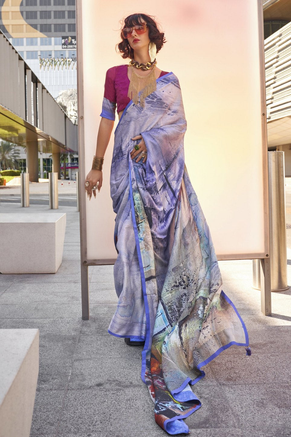 Buy MySilkLove Victoria Blue Digital Printed Satin Silk Saree Online