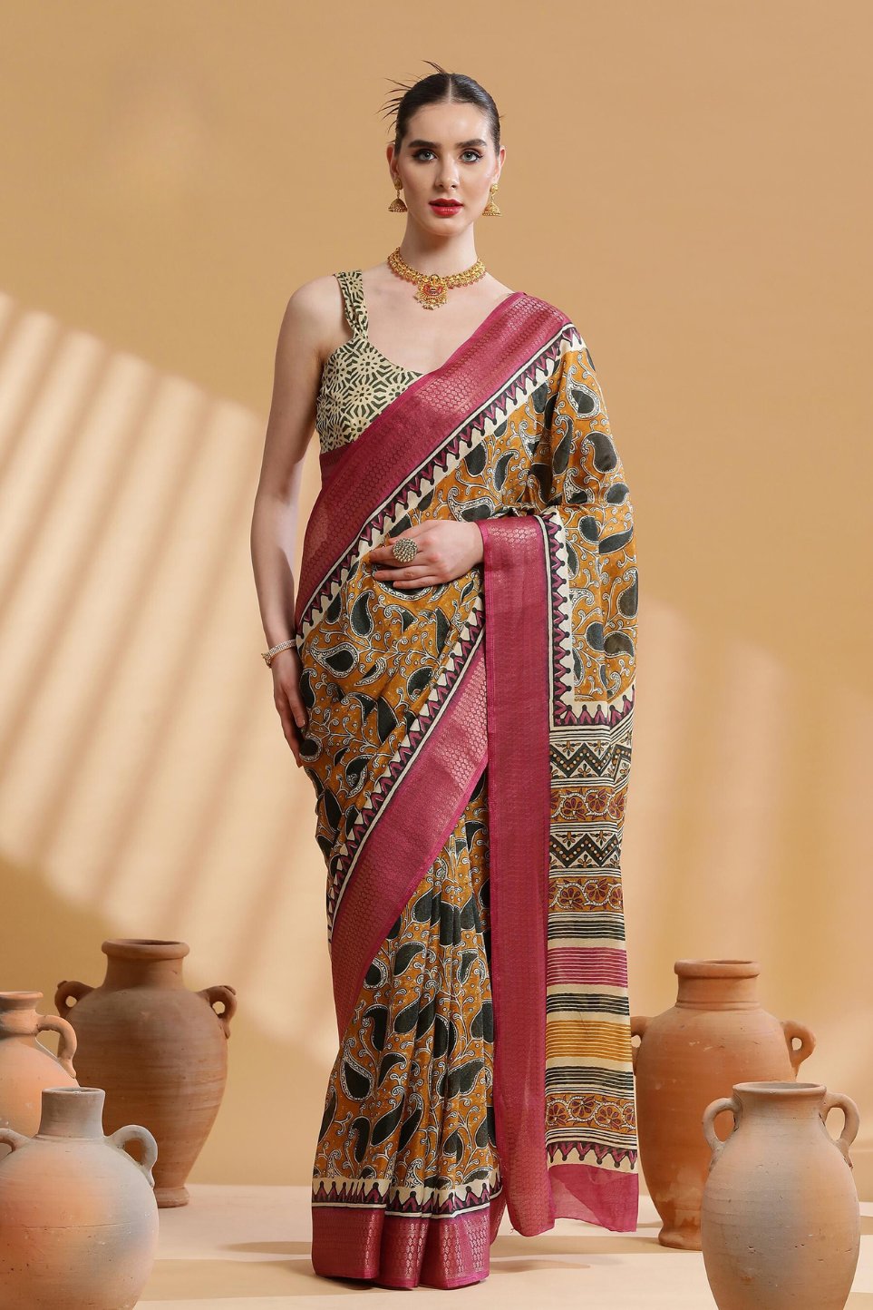 Buy MySilkLove Aztec Yellow and Pink Ajrakh Printed Dola Silk Saree Online