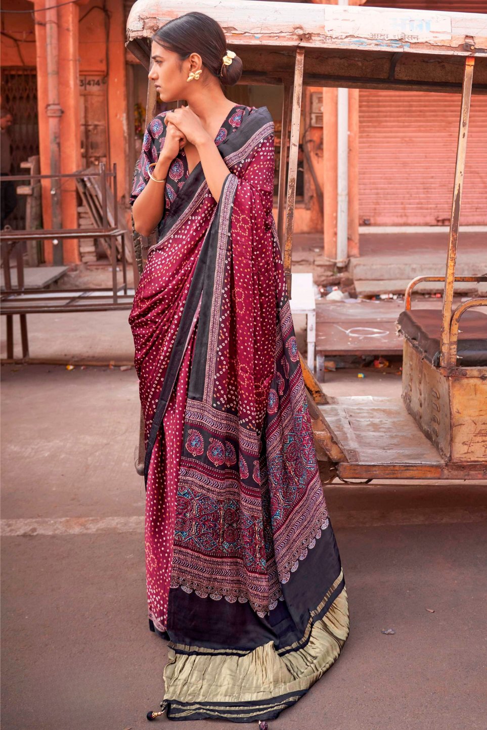 Buy MySilkLove Big Dip O Ruby Maroon Bandhani Ajrakh Pure Handmade Saree Online