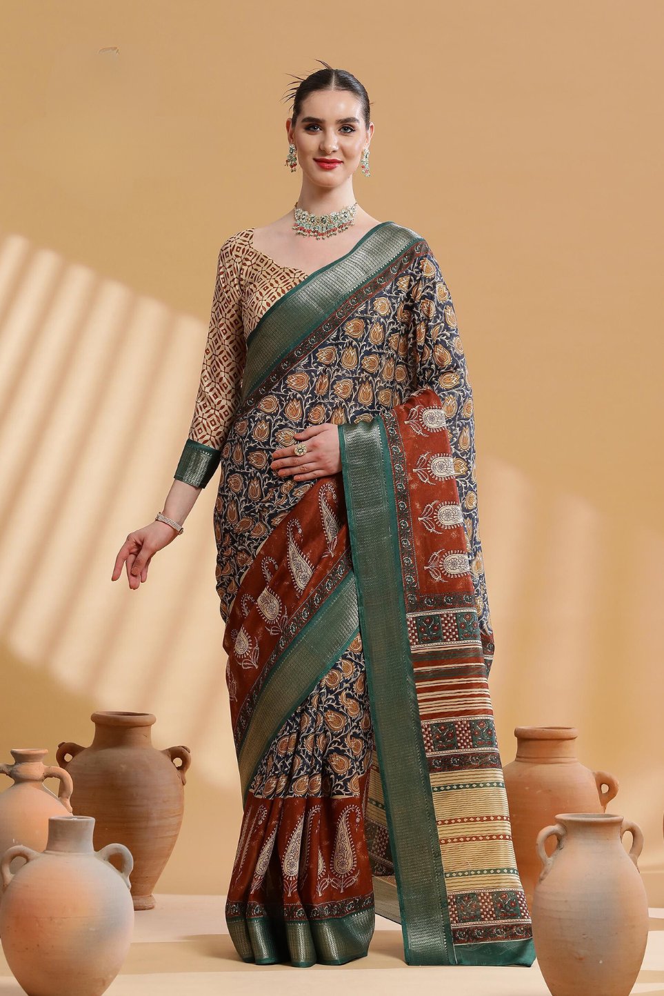 Buy MySilkLove Abbey and Grey Ajrakh Printed Dola Silk Saree Online