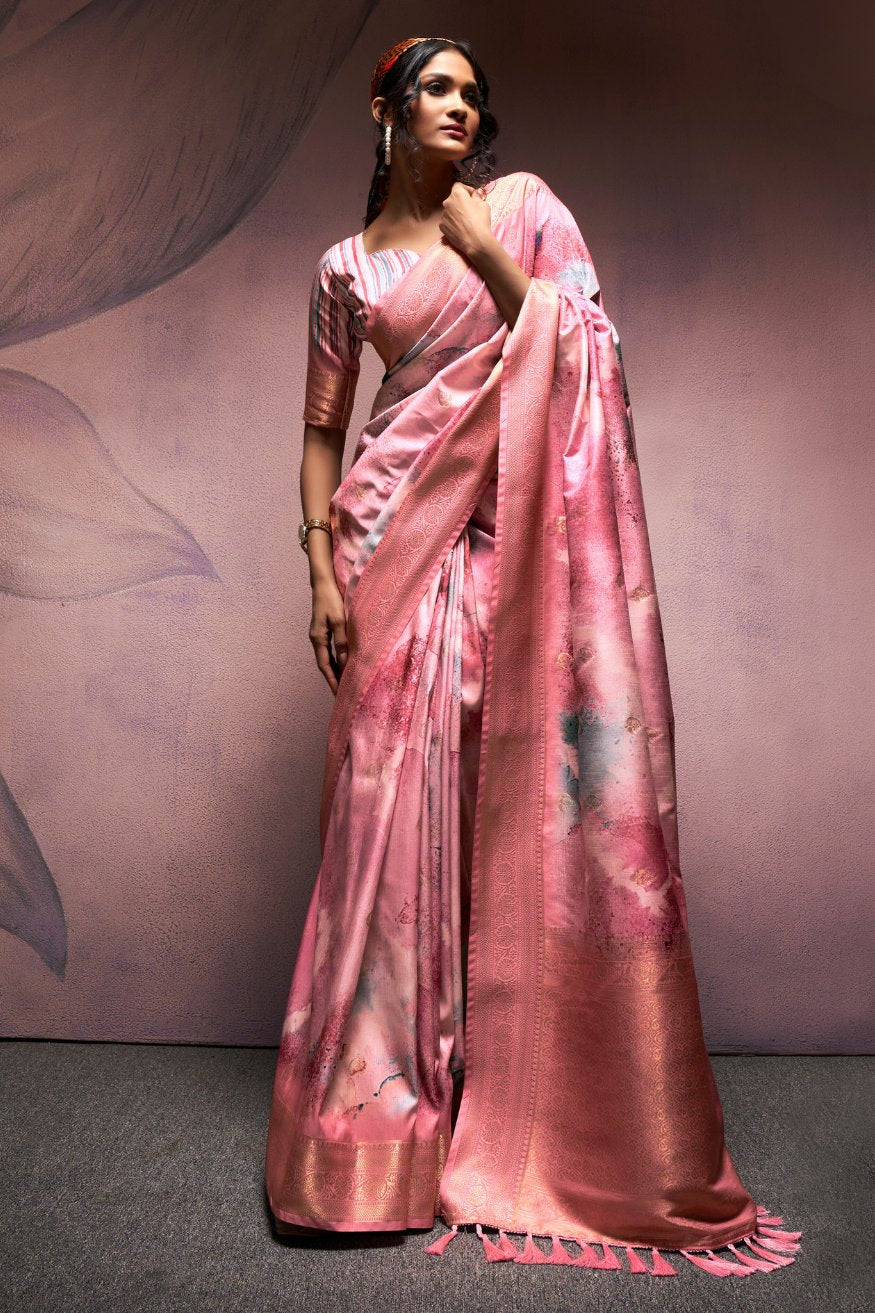 Buy MySilkLove Pink Sherbert Banarasi Digital Printed Silk Saree Online