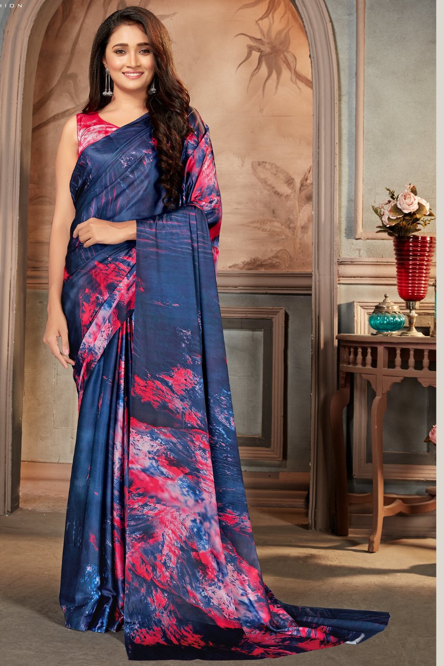 Buy MySilkLove Blue Bayoux Printed Satin Crepe Saree Online