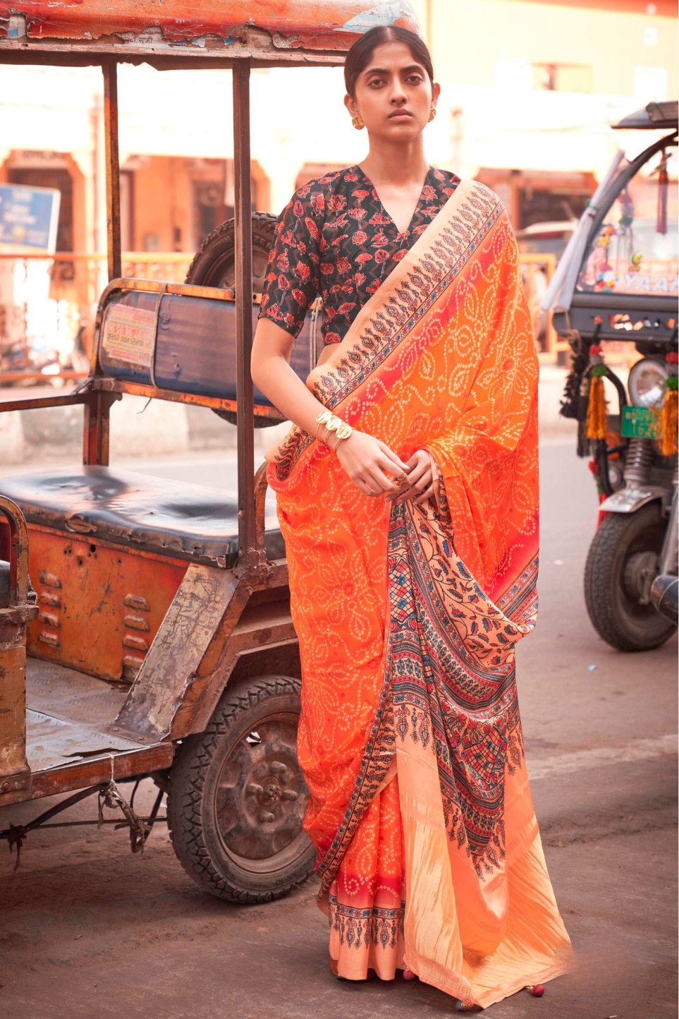 Buy MySilkLove Coral Orange Bandhani Ajrakh Pure Handmade Saree Online