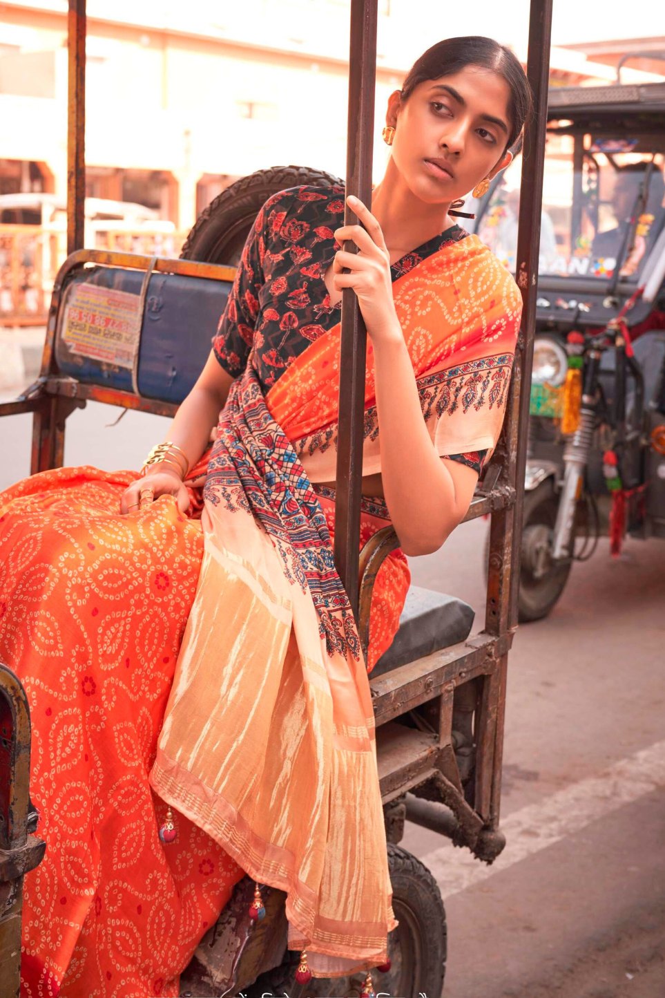 Buy MySilkLove Coral Orange Bandhani Ajrakh Pure Handmade Saree Online